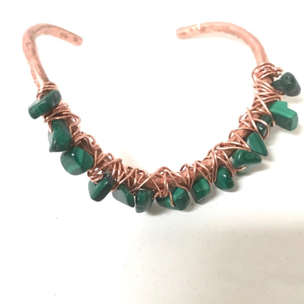 Genuine Malachite Gemstone Green Handmade Wire Wrap Cuff Solid Copper Bracelet - Picture 7 of 9